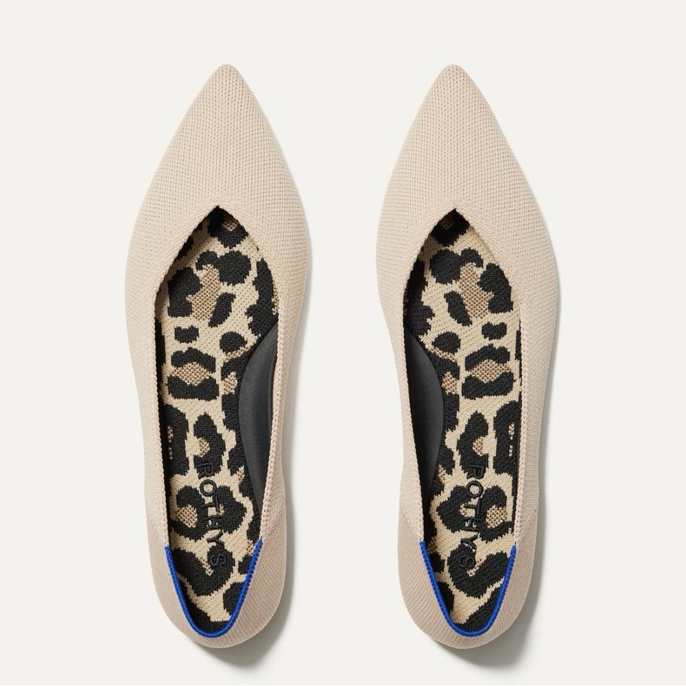 Rothy’s Pointed Toe Knit Ballet Flats in Beige with Leopard Insole